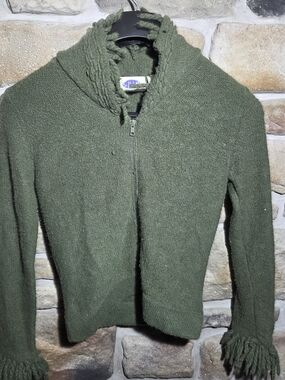 VTG Spin Moss Green Wool Blend Zip Up Hooded Sweater Fringe Cuffs Boho Large